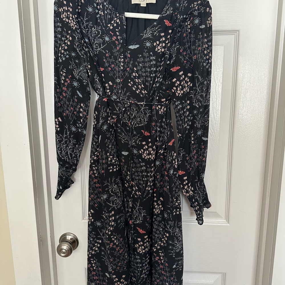 LOFT Black Floral Long Sleeve Dress